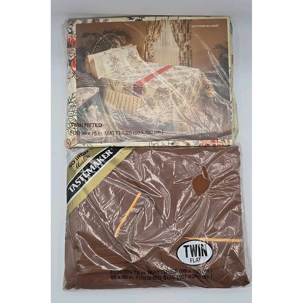 2 Set Vtg Tastemaker NEW NOS Twin Fitted + Flat Sheets - Floral & Brown